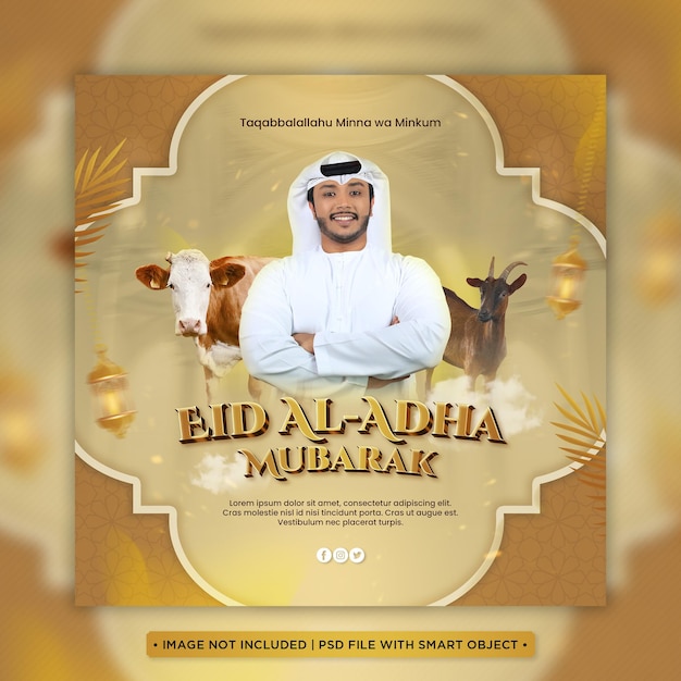 A flayer social media post for the eid al adha mubarak with a person and a sacrificial animals