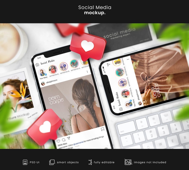 PSD mockup instagram flaylay per social media e mockup di biglietti da visita su superficie di marmo