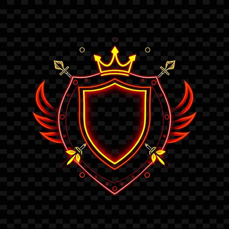 PSD flickering neon inside a circular shield with rivet outlines and flame like edges decorated with a