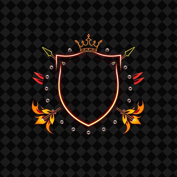 PSD flickering neon inside a circular shield with rivet outlines and flame like edges decorated with a