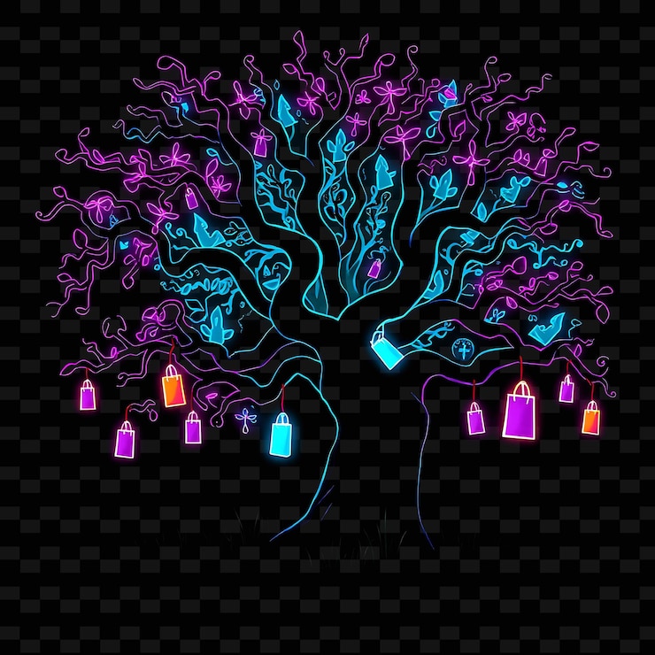 PSD flickering neon mystical forest inside a silhouette tree landscape has twisted trees with hanging l