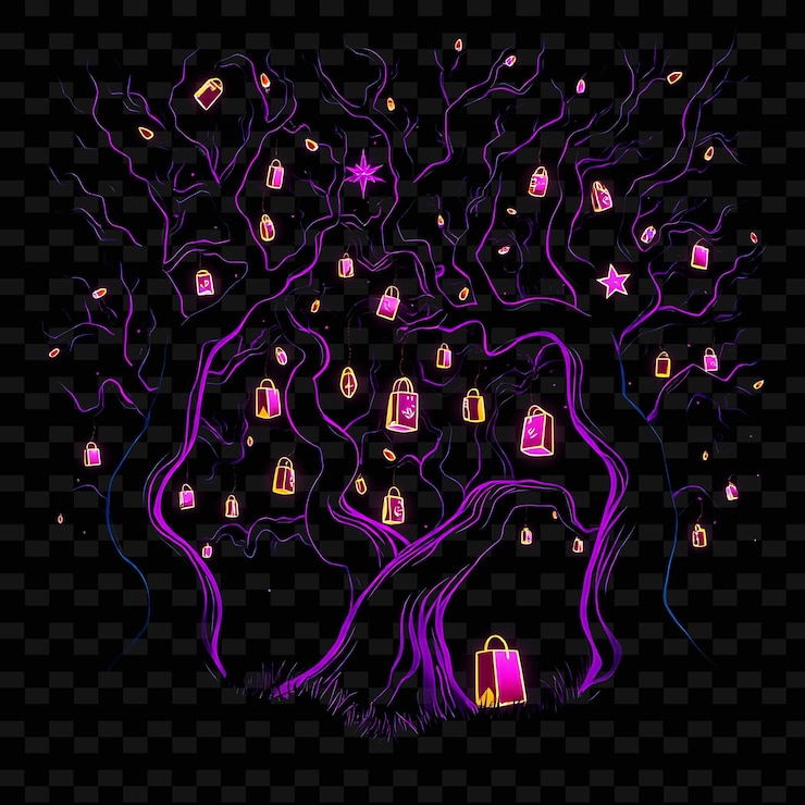 PSD flickering neon mystical forest inside a silhouette tree landscape has twisted trees with hanging l