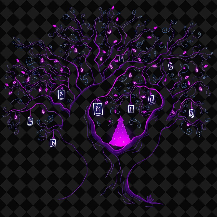 PSD flickering neon mystical forest inside a silhouette tree landscape has twisted trees with hanging l