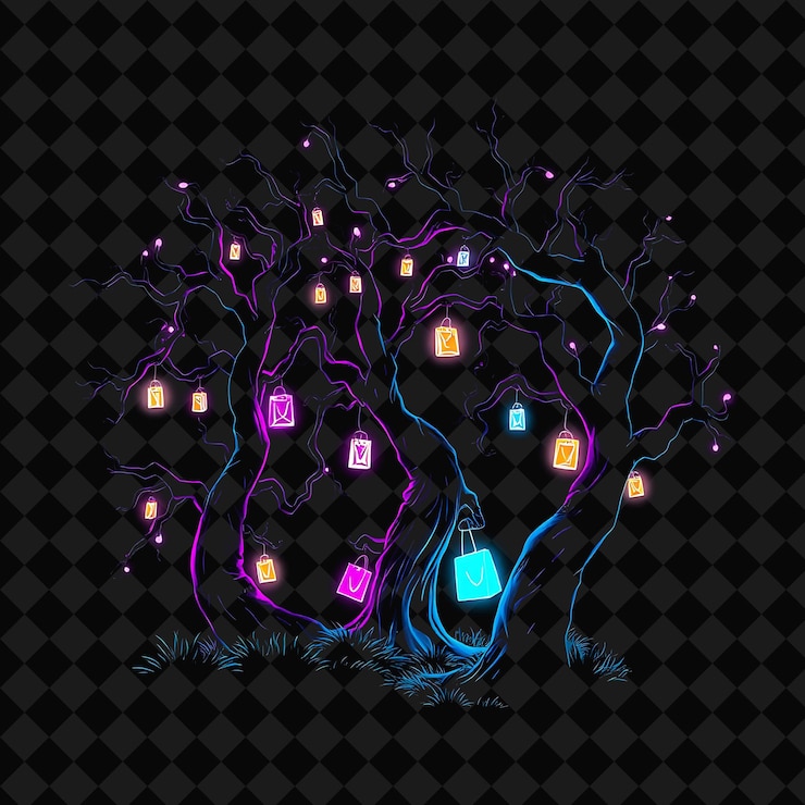 PSD flickering neon mystical forest inside a silhouette tree landscape has twisted trees with hanging l