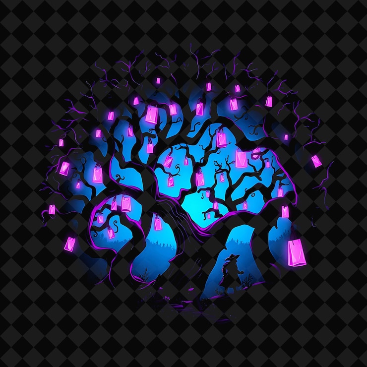 PSD flickering neon mystical forest inside a silhouette tree landscape has twisted trees with hanging l