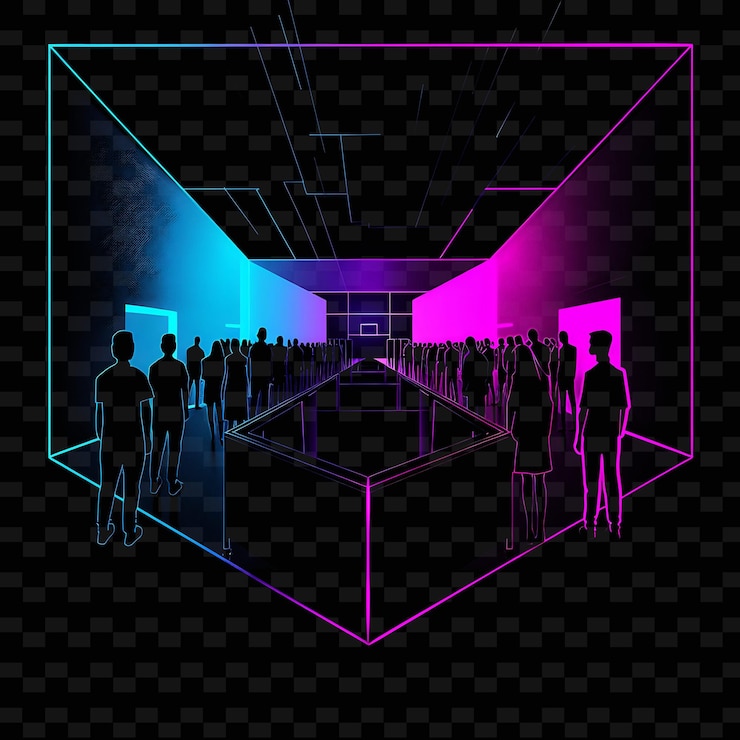 PSD flickering neon referendum with people voting landscape insi neon line art landscape background