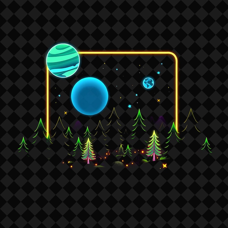 PSD flickering neon space forest inside a silhouette rectangle glowing planets hover over a kawaii fore