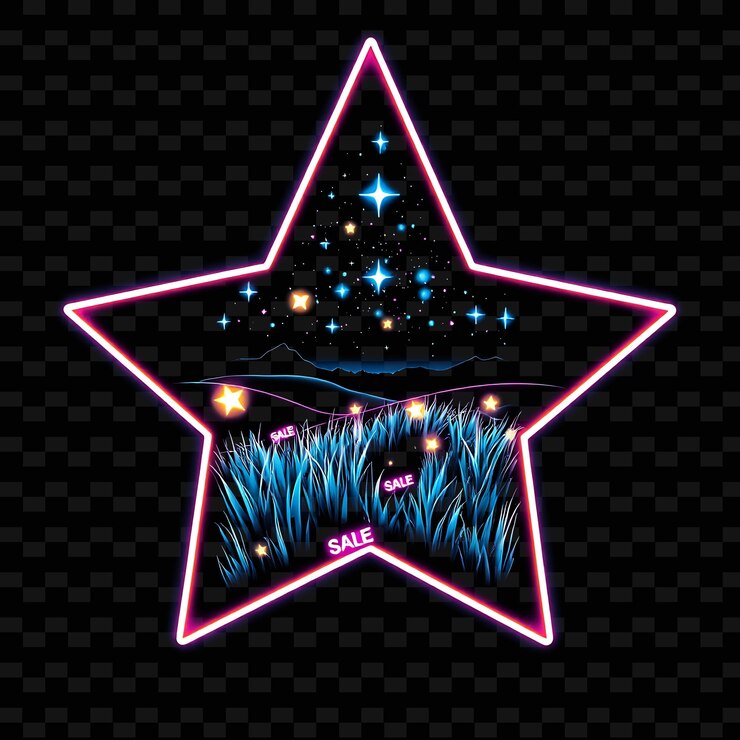 PSD flickering neon starry meadow inside a silhouette star landscape with glowing grass sale tags and n