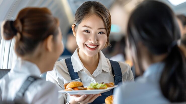 PSD 비행기 에서 승객 들 에게 음식 을 제공 하는 승무원