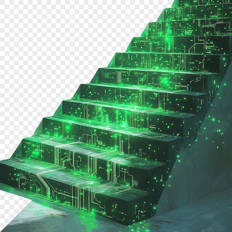 PSD a flight of stairs with green lights on it