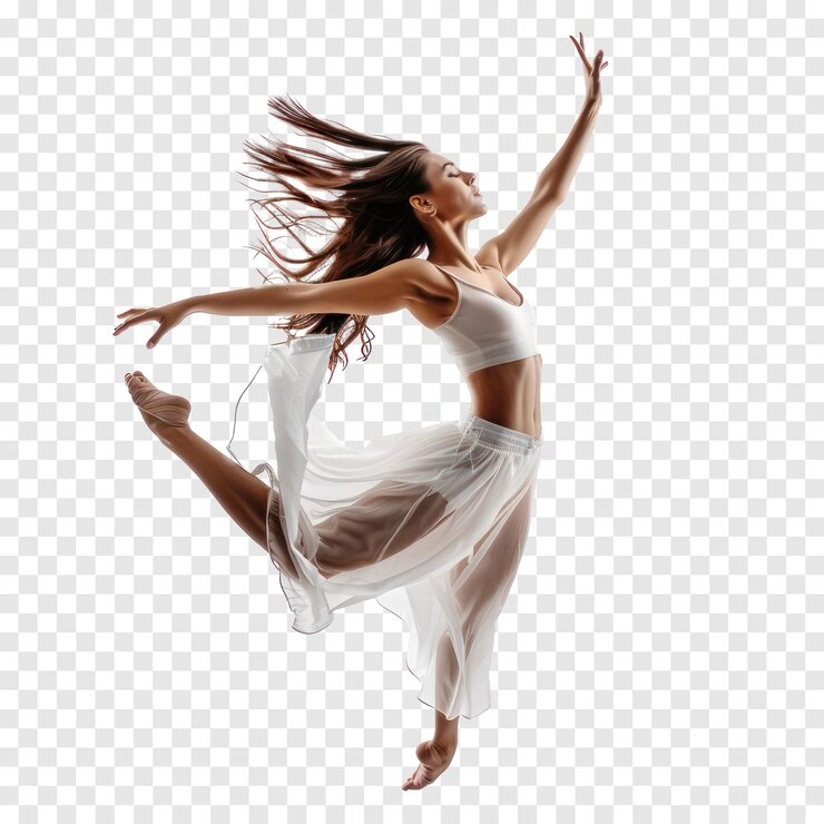 PSD floated full body female dancer gesture posing isolate on transparency background psd