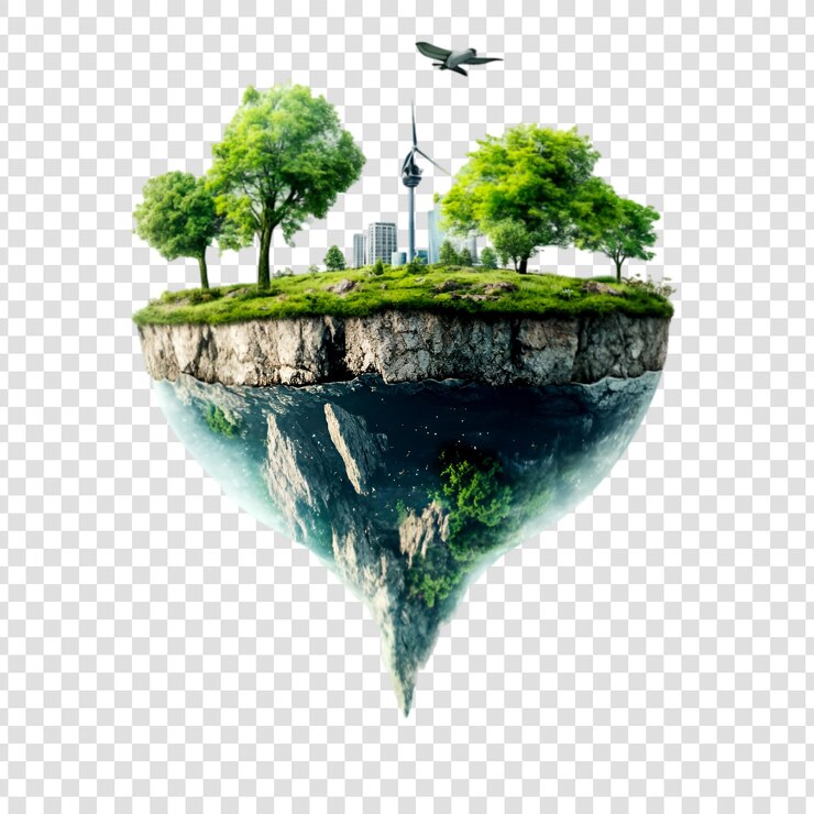 PSD floated green grass island with wind turbine and tree on a transparent background