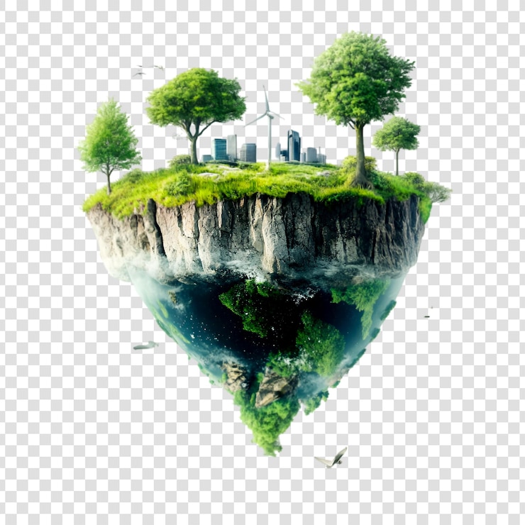 PSD floated green grass island with wind turbine and tree on a transparent background
