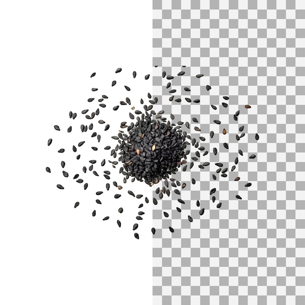 PSD floating of black sesame seeds without shadow isolated transparent background