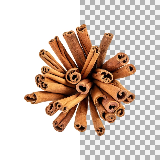 PSD floating of bunches stick of brown cinnamon bark single isolated transparent background