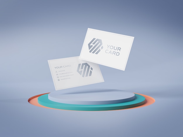 Floating business cards on stage podium mockup