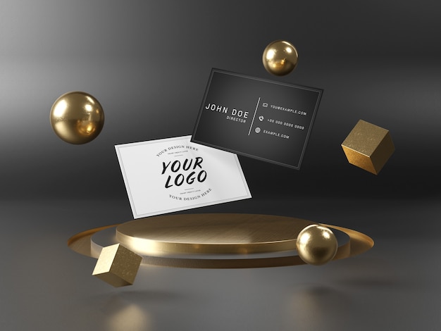 Floating business cards on stage podium Mockup