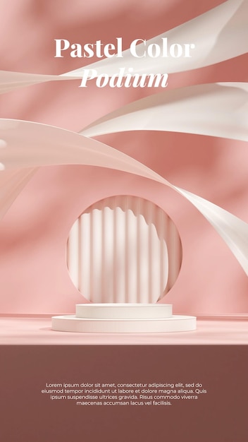 Floating cloth 3d rendering mockup template white podium in portrait with circle hole in pink wall