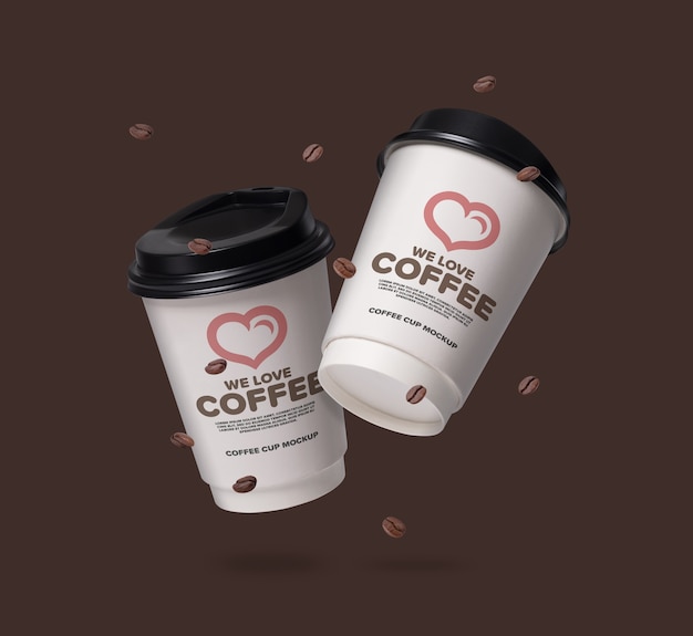 PSD floating coffee cups mockup with coffee beans