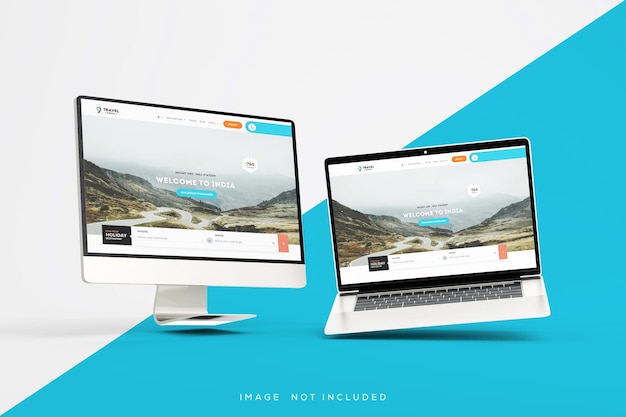 Floating Computer and Laptop interface with website presentation mockup