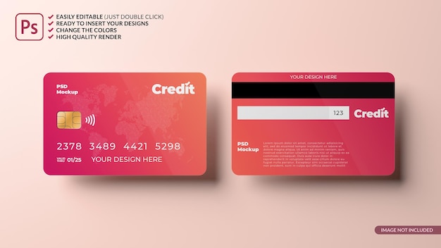 Floating credit card design mockup 3d rendering