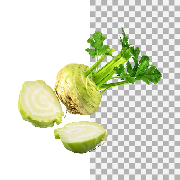 Floating of dirty celeriac with sliced without shadow isolated transparent background