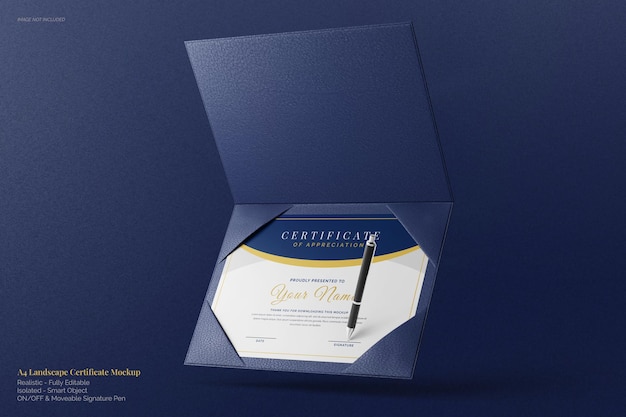 Mockup di certificato di diploma accademico a4 paesaggio galleggiante elegante con vetrina supporto in pelle