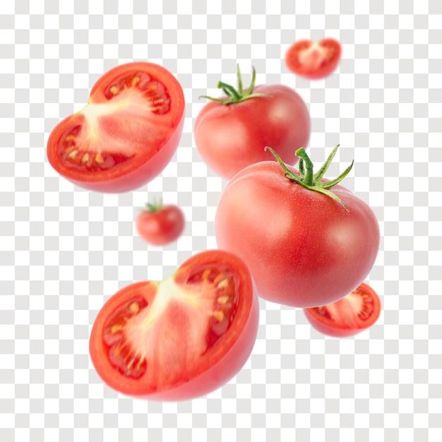 PSD floating and falling fresh organic tomatoes no background