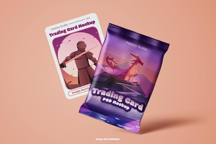 PSD floating fantasy trading card collectible with shiny plastic pack realistic psd mockup front view