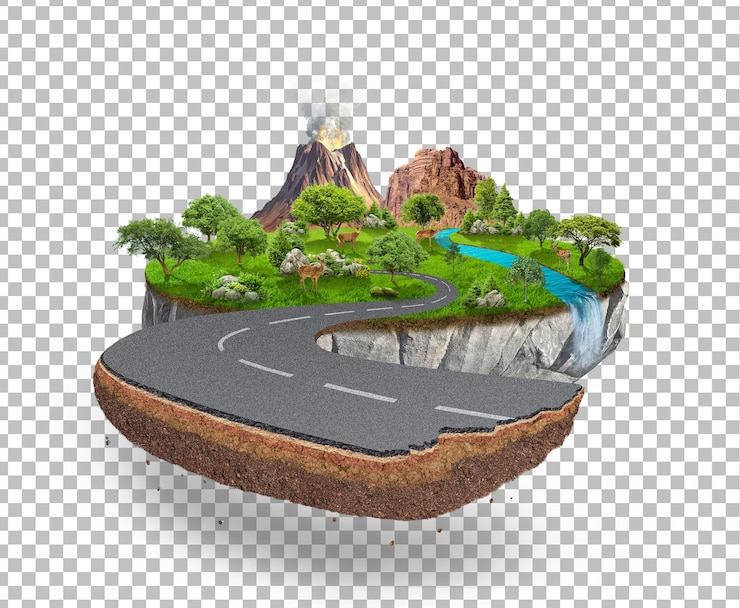 floating forest land with realistic road isolated nature green forest island with trees mountains