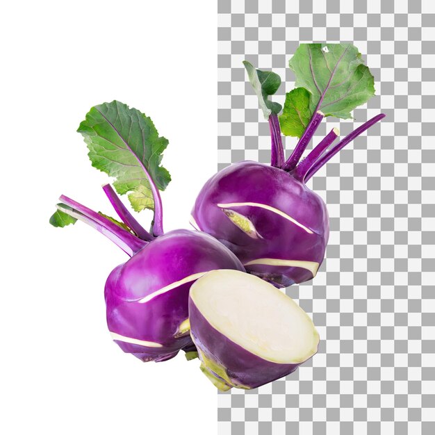 PSD floating of fresh purple kohlrabi with sliced without shadow isolated transparent background