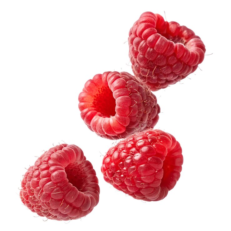 PSD floating fresh raspberries on white