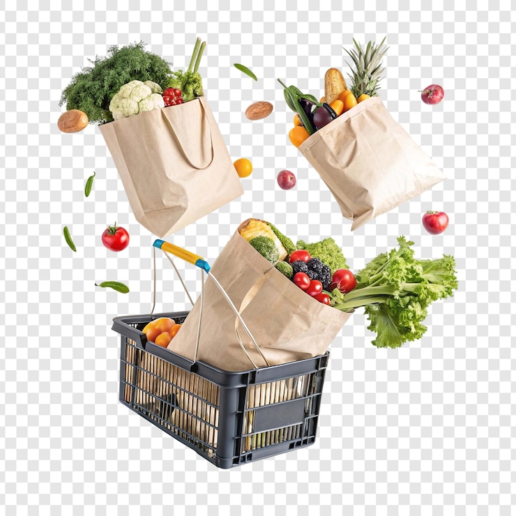 PSD floating grocery bags overflowing with fresh produce and suspended above a shopping basket