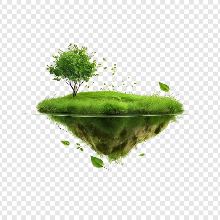 PSD floating island ecosystem lush tree green grass windblown leaves