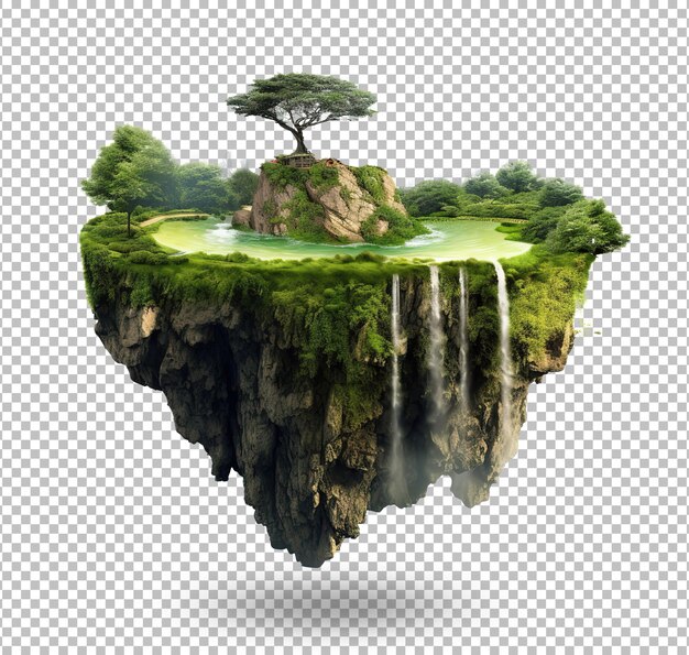 PSD floating island with greenery and beautiful landscape scenery fantasy scenery with floating island