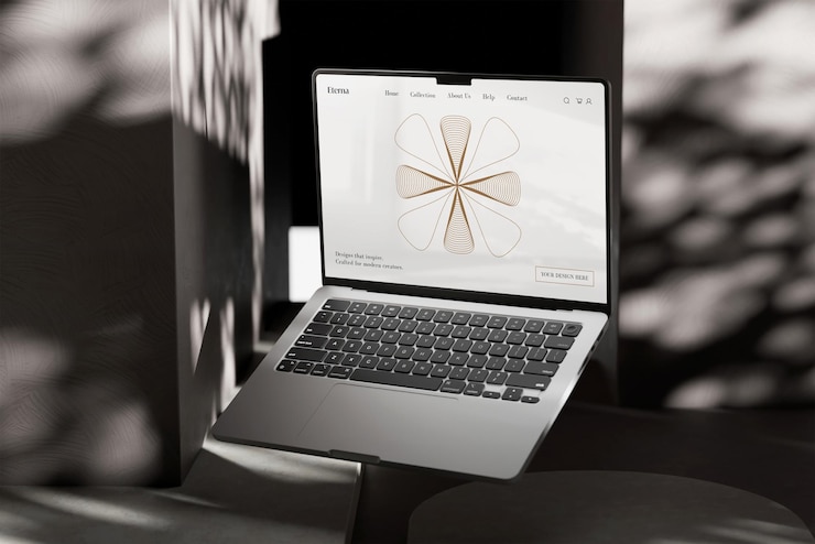 PSD floating laptop mockup with dynamic shadows