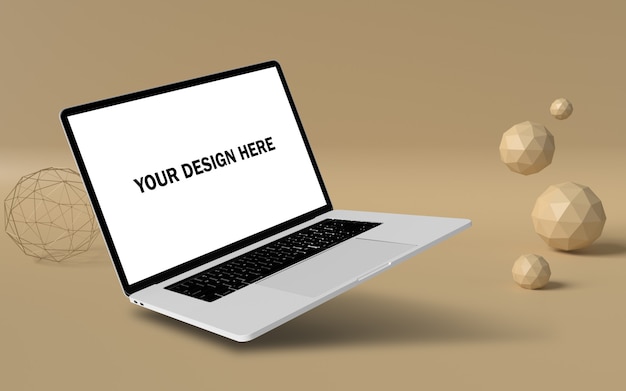 ポップな背景を持つフローティングラップトップモックアップ無料psdファイル