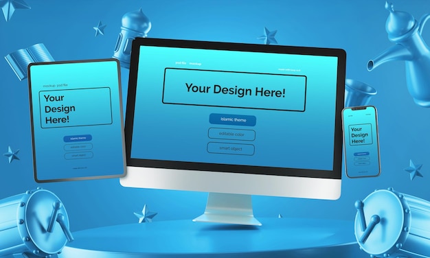 Floating multi-digital device set mockup 3d design composizione arabo ramadan eid mubarak