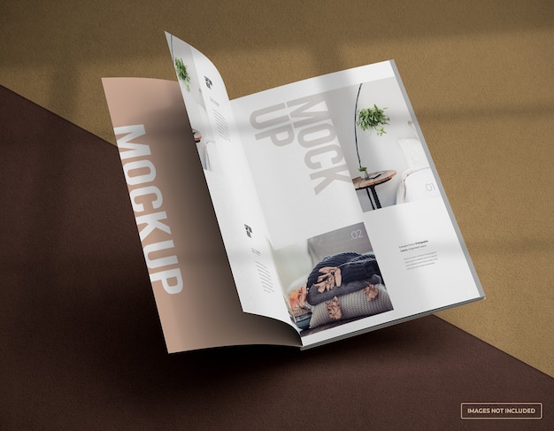 Mockup di rivista aperta galleggiante con pagine interne