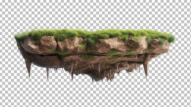 PSD floating peace of land with green grass surface and soil section flying land grass texture island