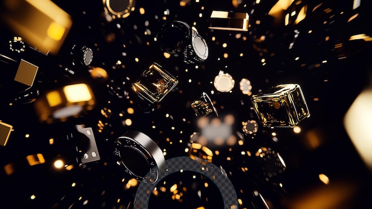 PSD floating playing cards and dice in a cosmic space with a golden glow around them