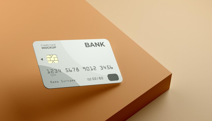 Floating single credit card mock up with stage background.