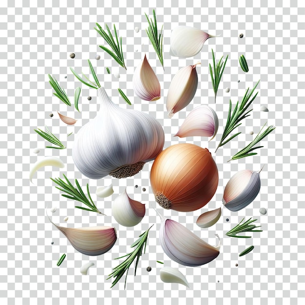 PSD floating sliced garlic sliced onion and some rosemary transparent background