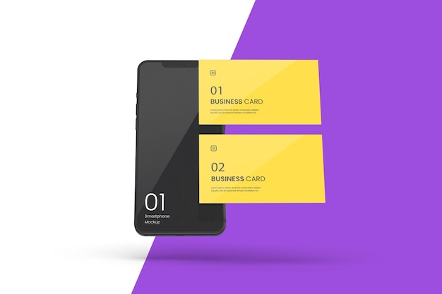 Smartphone galleggiante con mockup di biglietti da visita
