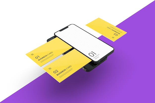 Floating smartphone with business card mockup