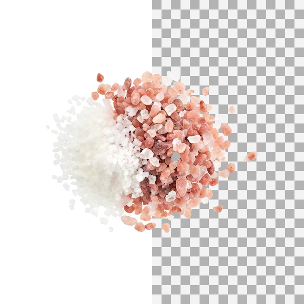 Floating of white and pink salt crystals without shadow isolated transparent background