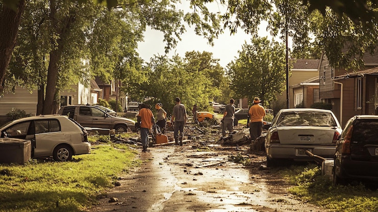 PSD flood cleanup crew walking down a residential street littered with debris and damaged cars after a severe storm