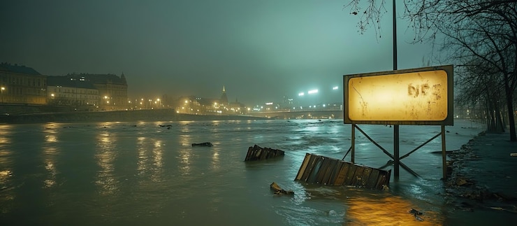 PSD flooded cityscape at night