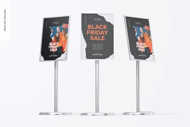 Floor sign holders mockup, low angle view