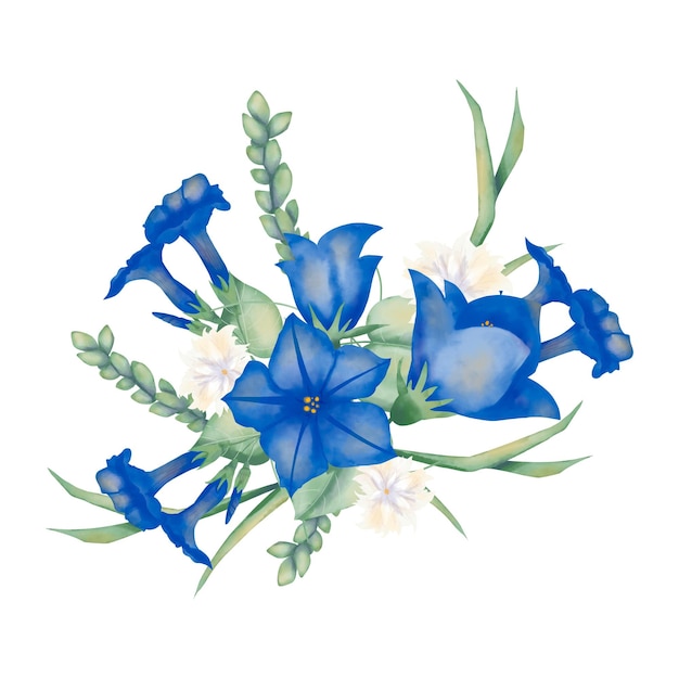 Floral arrangement with petunia flowers and bell flowers blue and white foliage and ears green